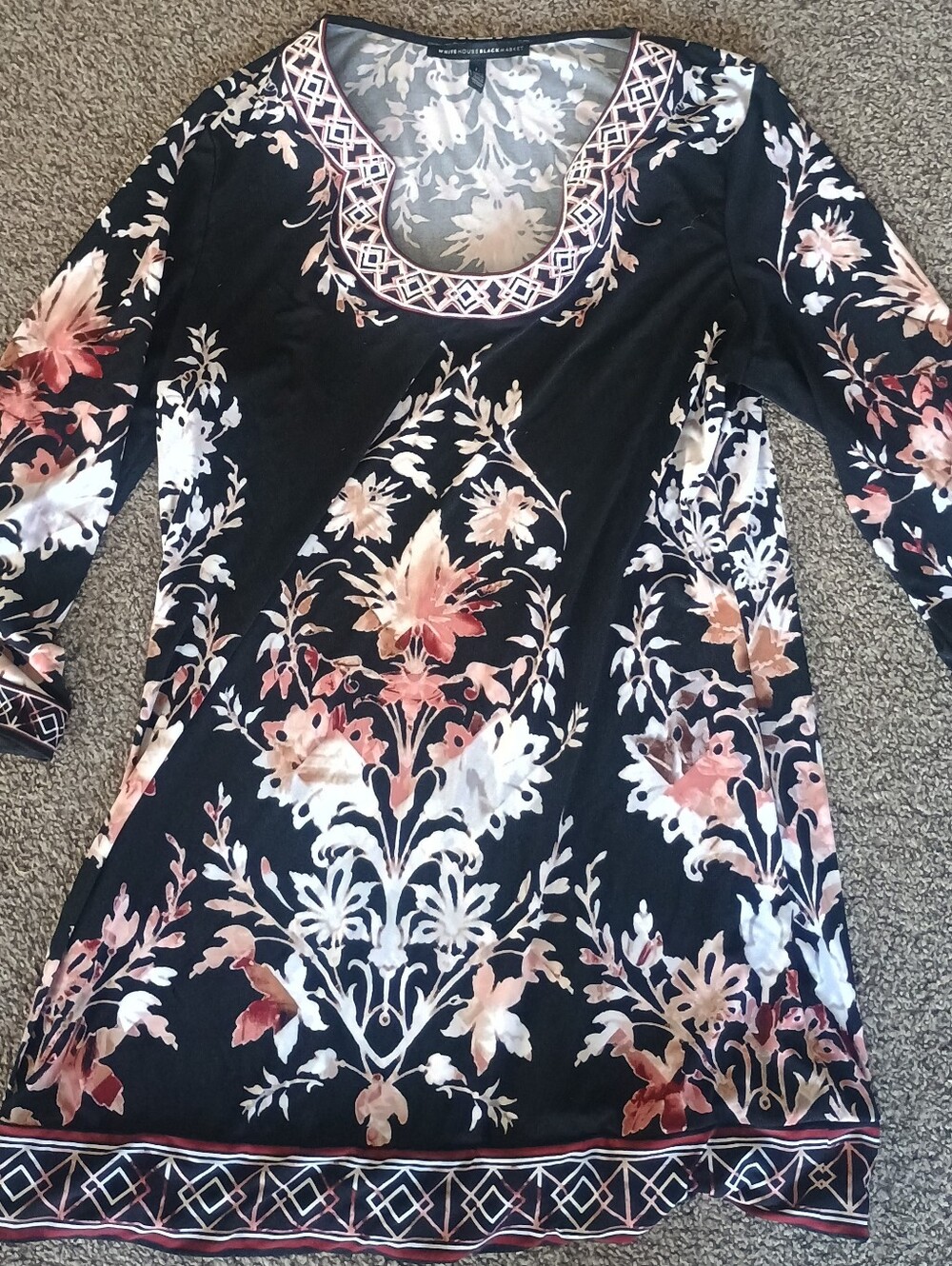 White House Black Market Black Long-Sleeve Floral Scoop-Neck Dress